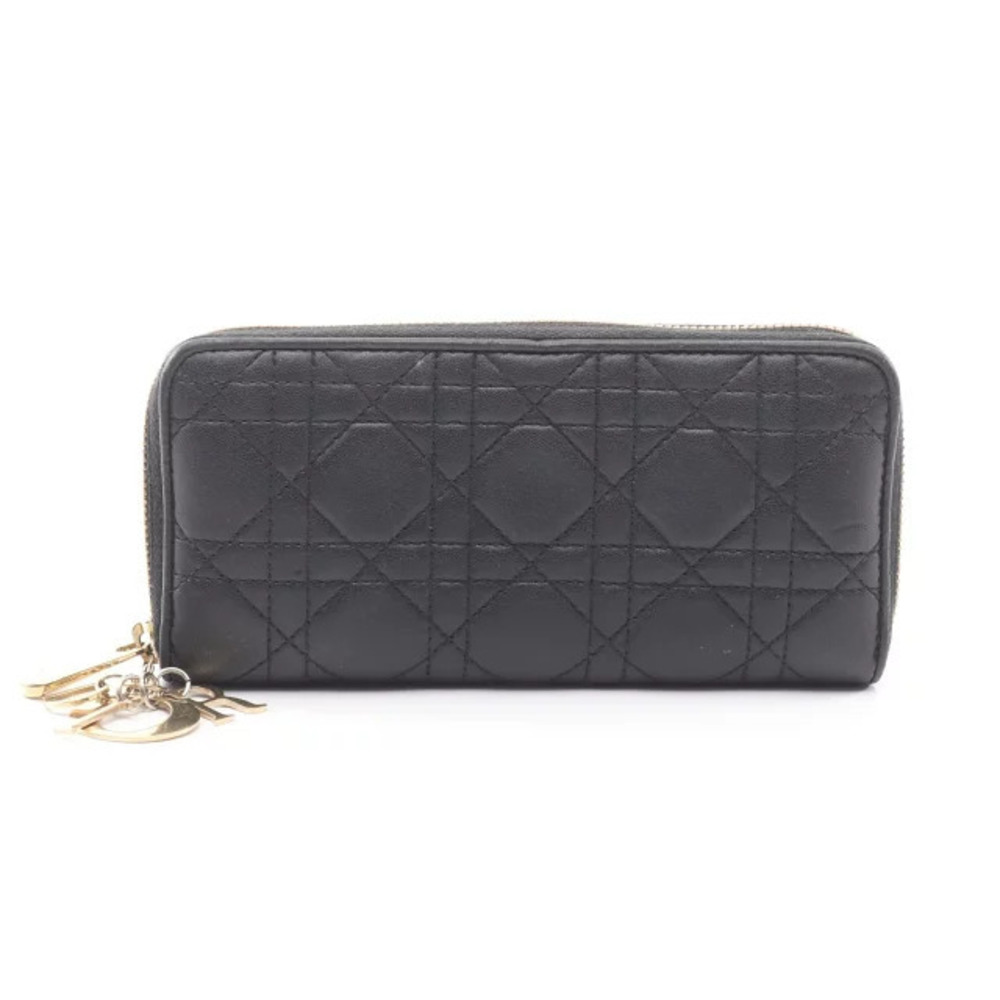 Christian Dior Lady Cannage Round Long Wallet Leather Black
